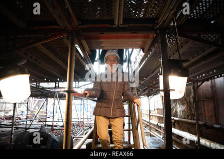 Bremerhaven, Germany. 21st Jan, 2019. Federal Defence Minister Ursula von der Leyen (CDU) goes down the steps during her visit to the sailing training ship of the German Navy 'Gorch Fock' in the ship. During her visit, the Minister informed herself about the status of the repair work and spoke with crew members. Credit: Mohssen Assanimoghaddam/dpa/Alamy Live News Stock Photo