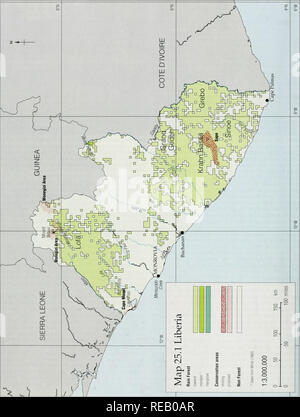 . The Conservation Atlas of Tropical Forests: Africa. Liberia. 218. Please note that these images are extracted from scanned page images that may have been digitally enhanced for readability - coloration and appearance of these illustrations may not perfectly resemble the original work.. Sayer, J. A. , Harcourt, C. S. , Collins, N. M.. IUCN Stock Photo