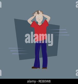 The man had a nuisance. Unpleasant surprise. Wrapped his head in his hands. tired, sick, scared man with dark circles under his eyes. 10 eps Stock Vector