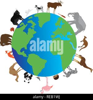 vector illustration of a planet Earth with animals walking around it. Stock Vector