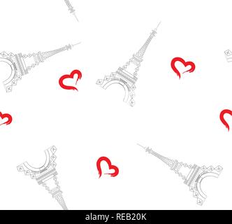 vector illustration of Eiffel Tower seamless background with hearts. Stock Vector