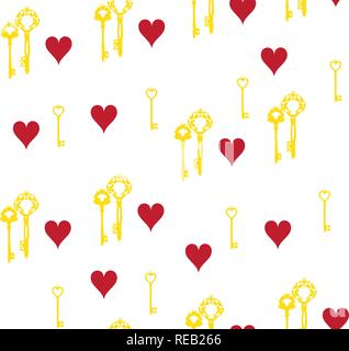 vector illustration of valentine seamless background with hearts and keys. Stock Vector