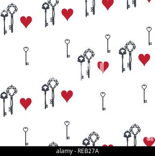 vector illustration of valentine seamless background with keys and hearts. Stock Vector