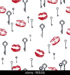 vector illustration of valentine background with keys and lipstick kisses Stock Vector