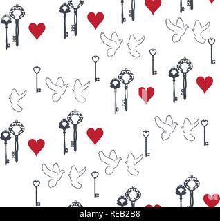 vector illustration of valentine seamless background with keys and doves. Stock Vector