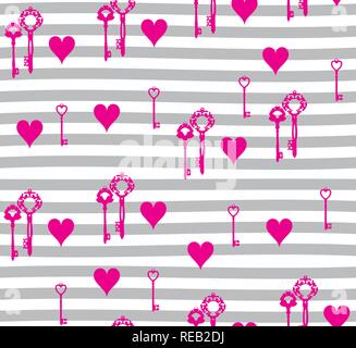 vector illustration of valentine background with keys and hearts on stripy background. Stock Vector