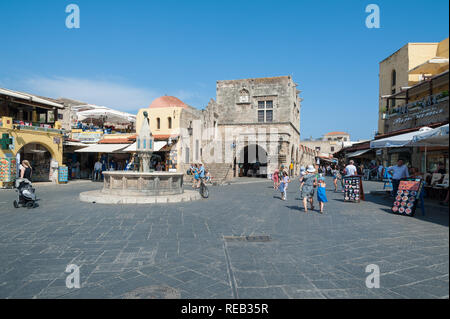 Rhodes, Greece. May 30, 2018. Hippocrates Square with Owl Fountain. Downtown, Old Town, Island of Rhodes. Europe. Stock Photo