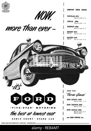 1956 British advertisement for Ford motor cars, featuring the Ford Zodiac. Stock Photo