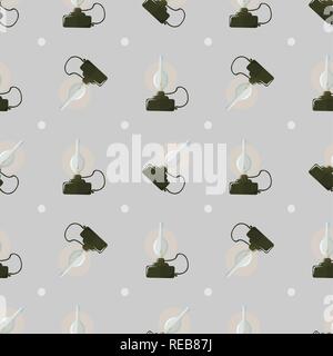 glowing kerosene lamp on a gray background. Seamless pattern Oil retro lamp. 10 eps Stock Vector