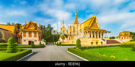 The throne hall inside the Royal Palace complex in Phnom Penh, Cambodia. Famous landmark and tourist attraction. Panorama Stock Photo