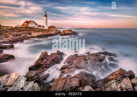 Portland Head light at dusk. The light station sits on a head of land at the entrance of the shipping channel into Portland Harbor. Completed in 1791, Stock Photo