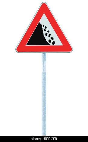 Falling rocks risk caution road sign on pole post, large detailed isolated vertical roadside stones traffic warning signage macro closeup, rock slide Stock Photo