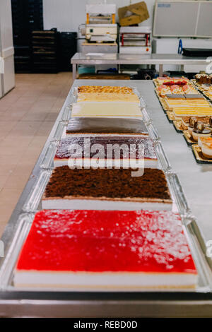 many different cakes prepared on the metal table of a food factory Stock Photo