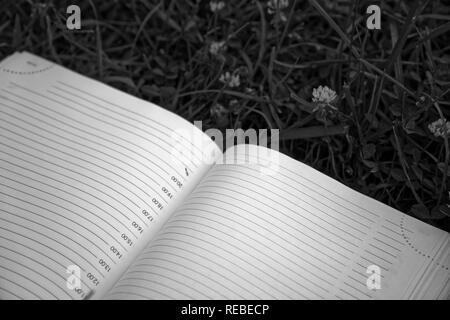 Monochrome Open notepad on the green grass in park. Stock Photo