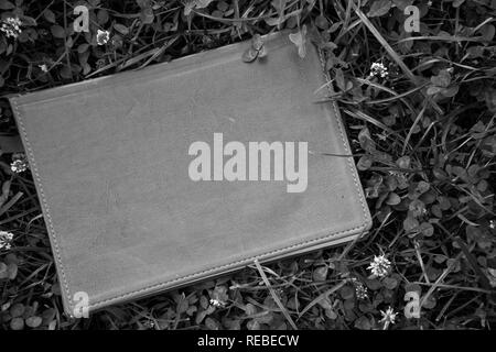 Monochrome notepad on the green grass in park. Stock Photo