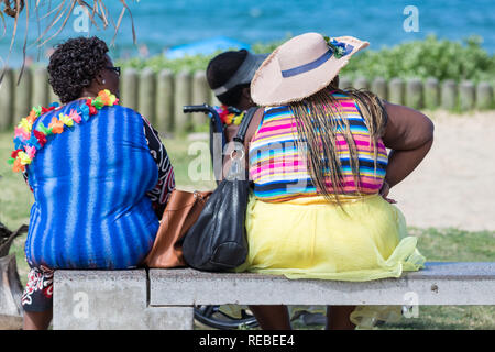 Durban, South Africa - January 07th, 2019: Rear view of two fat black women sitting on a bench in Durban, South Africa. Stock Photo