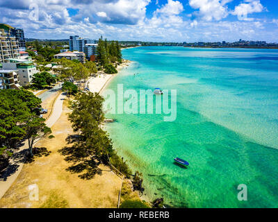 Aerial view of Golden Beach and the Caloundra area across through the Pumicestone Passage on the Sunshine Coast in Queensland, Australia. Stock Photo