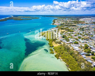 Aerial view of Golden Beach and the Caloundra area across through the Pumicestone Passage on the Sunshine Coast in Queensland, Australia. Stock Photo