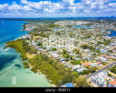 Aerial view of Golden Beach and the Caloundra area across through the Pumicestone Passage on the Sunshine Coast in Queensland, Australia. Stock Photo