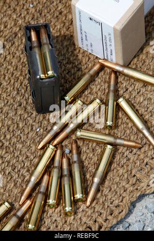Cartridges, ammunition, caliber 308, for long guns, rifles, rapid-fire rifle, magazine, packaging, projectiles Stock Photo