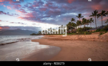 Kamaole Beach is a popular beach in Kihei and Wailei.  Photo at sunset with no people. Iconic Maui photo. Stock Photo