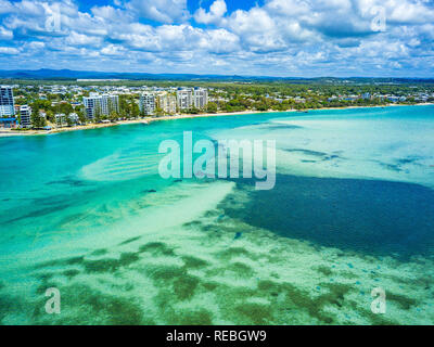 Aerial view of Golden Beach and the Caloundra area across through the Pumicestone Passage on the Sunshine Coast in Queensland, Australia. Stock Photo