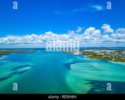 The Pumicestone Passage and Bribie Island on the Sunshine Coast, QLD, Australia. Aerial shot taken from a drone. Stock Photo