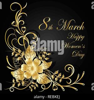 Womens day greeting card. Beautiful gold flowers on dark background with shadow. Stock Vector