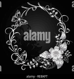 Silver flowers with shadow on dark background. Stock Vector