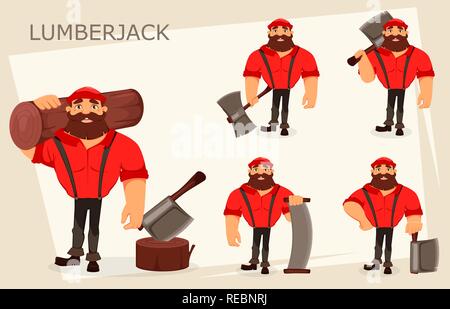 Lumberjack cartoon character, set of five poses. Handsome logger. Vector illustration on white background. Stock Vector