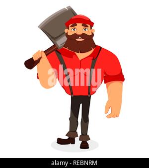 Lumberjack. Handsome logger holding big log. Cartoon character. Vector ...