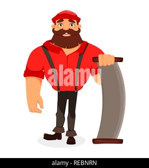 Lumberjack. Handsome logger holding two-handed saw. Cartoon character. Vector illustration on white background. Stock Vector