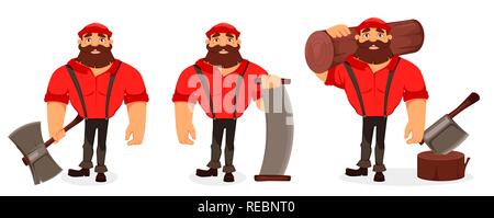 Lumberjack cartoon character, set of three poses. Handsome logger holding big axe, holding two-handed saw and holding log. Vector illustration on whit Stock Vector