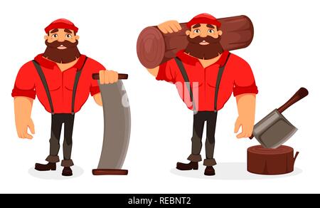 Lumberjack cartoon character, set of two poses. Handsome logger holding big log and holding two-handed saw. Vector illustration on white background. Stock Vector