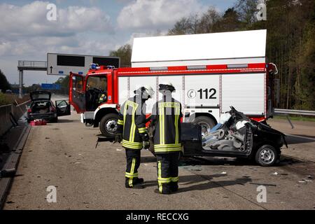 Traffic accident, 5 people hurt, on A1 motorway at the Leverkusen motorway junction, North Rhine-Westphalia Stock Photo