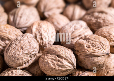 Walnuts in a shell blurred background, copy space, close-up, top view Stock Photo