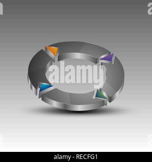 3d illustration of circle emblem with arrows cut out. Stock Vector