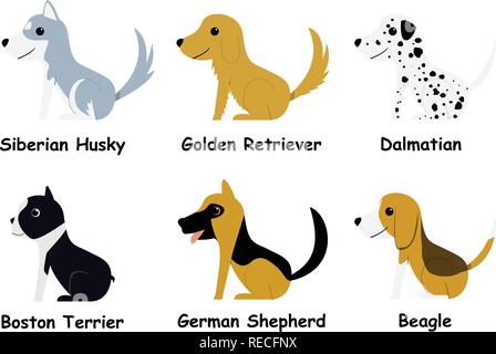 Set of puppy dog in flat style, side view, vector art Stock Vector