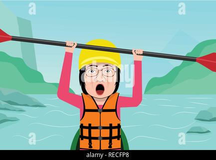Senior woman having fun in water rafting, vector art Stock Vector