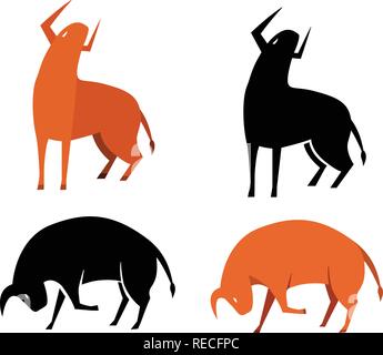 Set of bull icon in silhouette and flat, vector art Stock Vector