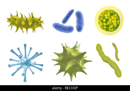 Set of virus, germ and bacteria. Collection of different cell illness and microorganism. Isolated on white background. 3d render Stock Photo