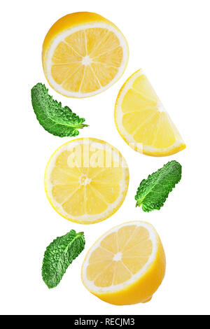 Flying watermelon. Sliced falling watermelon isolated on white background with clipping path as package design element and advertising. Floating fruit Stock Photo