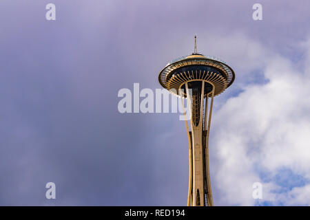 Seattle, Washington, USA - 28 October 2018. The iconic Space Needle landmark in downtown Seattle, WA.
