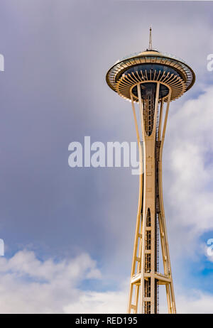 Seattle, Washington, USA - 28 October 2018. The iconic Space Needle landmark in downtown Seattle, WA.