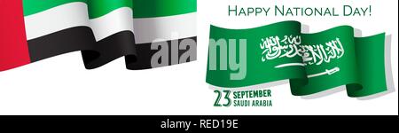 Happy national day, Saudi Arabia, congratulation banner, flag and inscription, greeting card or invitation poster vector Stock Vector