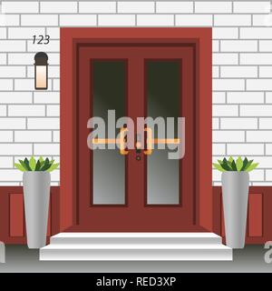 House door front with doorstep and steps, lamp, - vector clip art