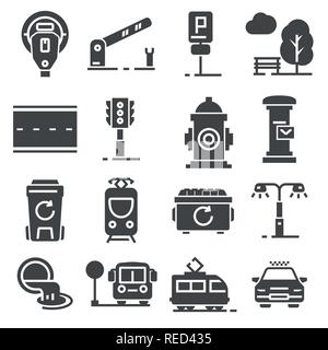 Vector gray line city amenities icons set on white background Stock Vector
