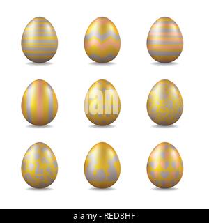 Collection of golden easter eggs with silver and bronze patterns vector illustration Stock Vector