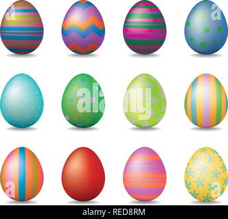 Twelve colorful shiny easter eggs with various patterns Stock Vector