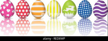 Holiday banner, colorful easter eggs with white patterns reflected on white background Stock Vector